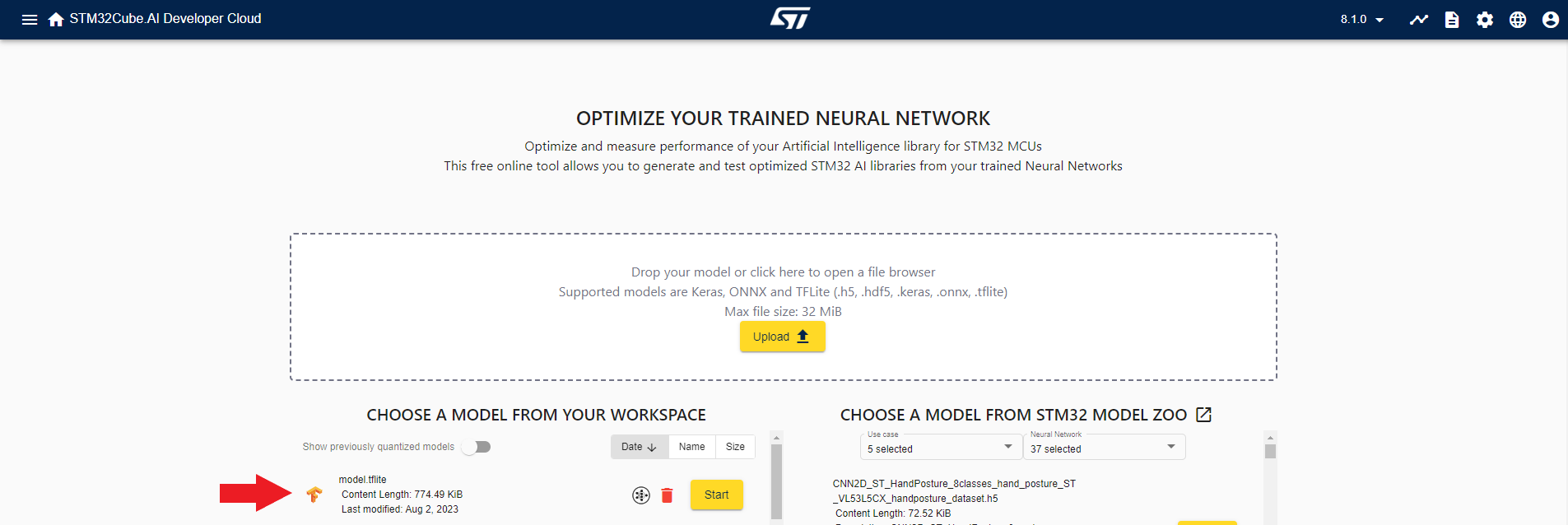 STM32Cube.AI Developer Cloud model in workspace