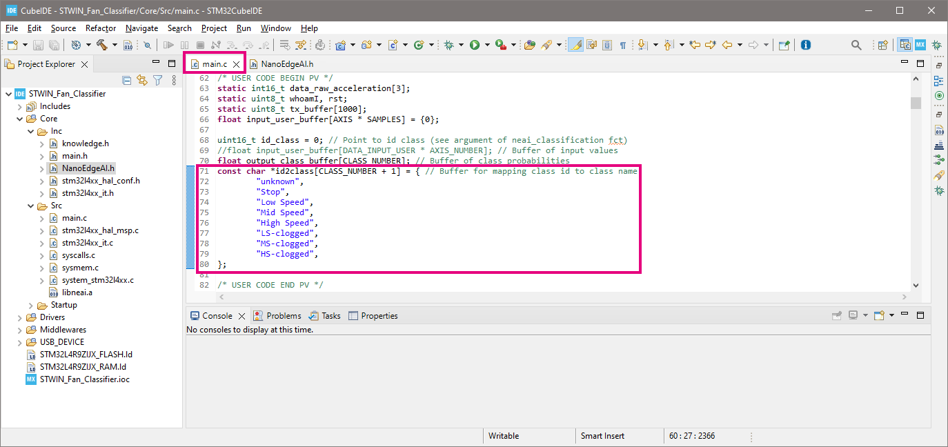 Paste copied code to main.c for STWIN fan classifier