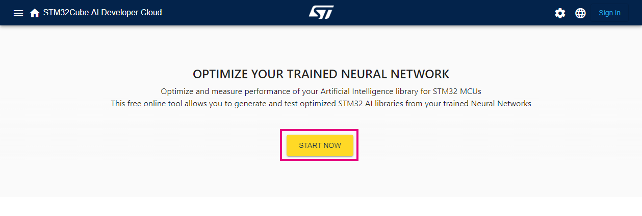 STM32Cube.AI Developer Cloud welcome page