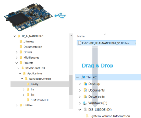 Drag and drop the provided binary file L562E-DK_FP-AI-NANOEDGE_V1.0.0.bin to program the sensor board with FP-AI-NANOEDG1 binary
