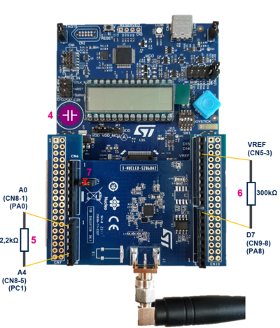 Figure showing modifications and connections to be done on the top of the STM32U0 DK and RF module