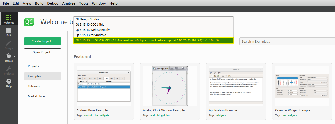 Qt Creator Welcome Screen - Select the new Kit added by the X-LINUX-QT Developer Package