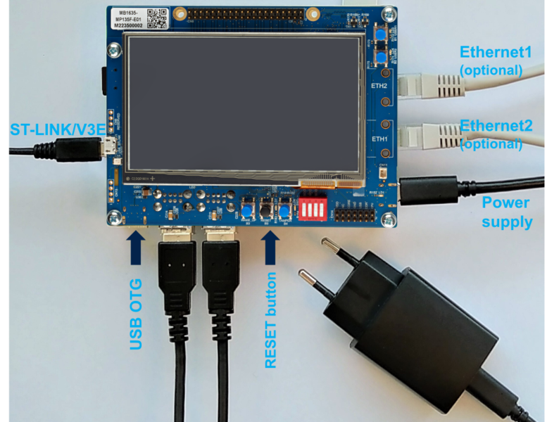 File:STM32MP135F-DK with power stlink flasher ethernet.png